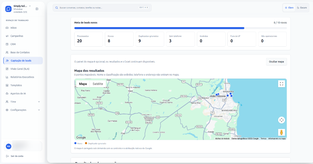 Painel da Simply para captação de leads com métricas de busca e mapa de resultados